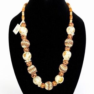 Y2K Boho Beaded Necklace Fabric Crochet Wood Floral Chunky Statement 26" NWT